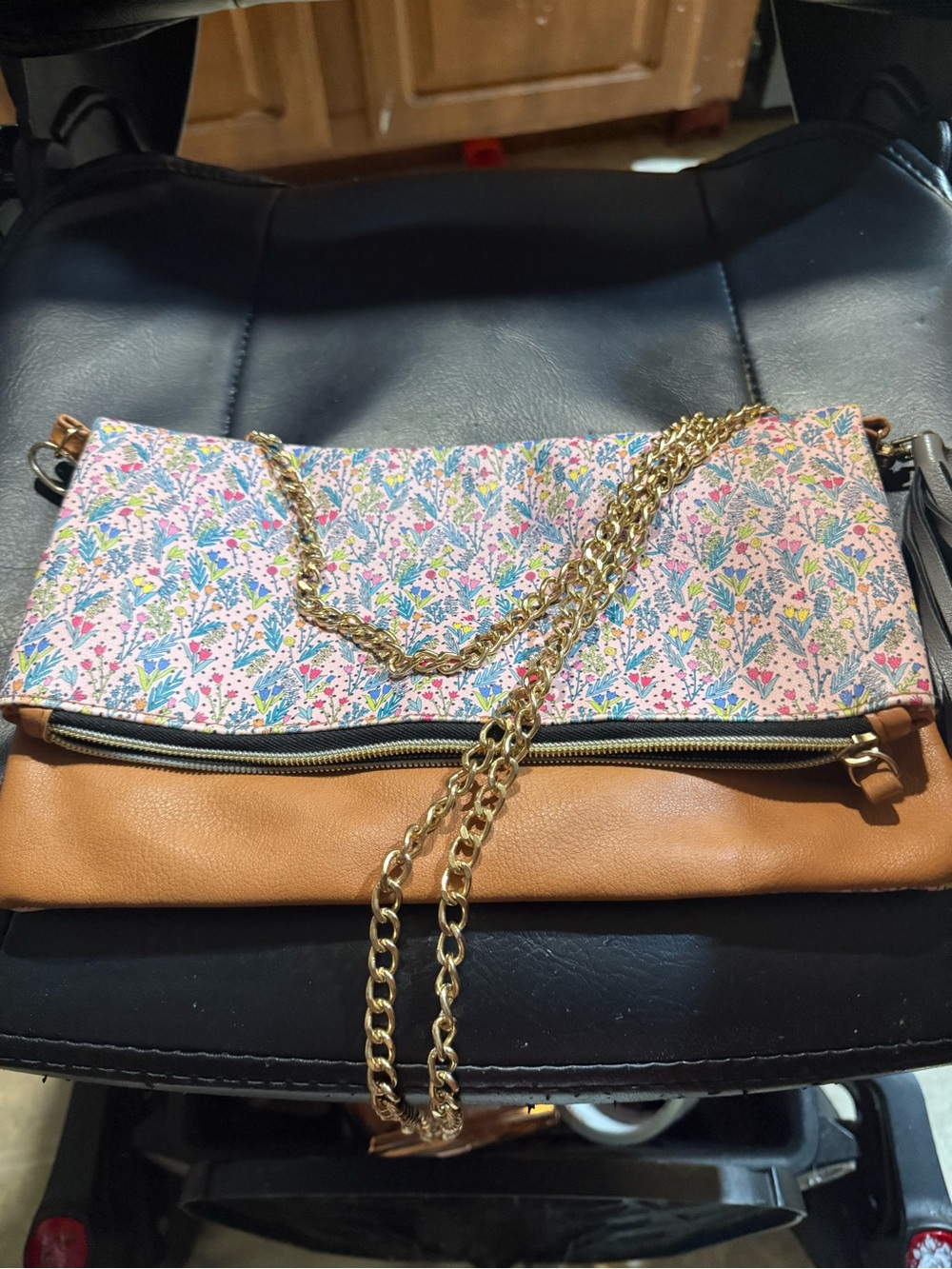 Floral Foldover Crossbody Bag with Tan Base and Gold Chain